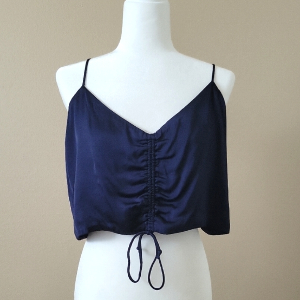 Aerie Womens Navy Blue Satin Cinched Cropped Tank Top - Size Large